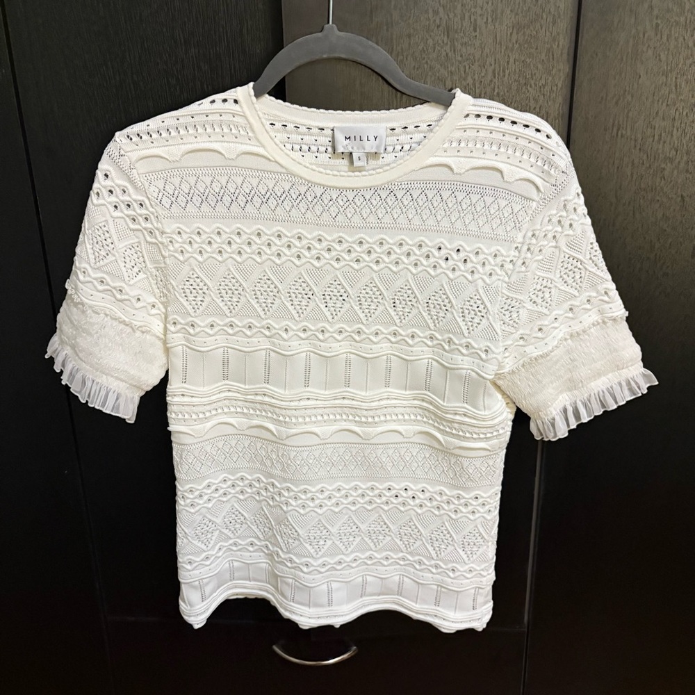 Milly White Lace Knit Top